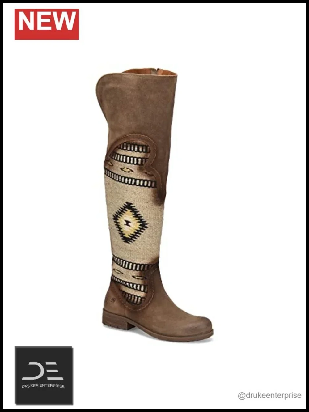 BORN Women's Knee-High Snow Boots Leather Woven Rubber Sole Mid-Heel Pull-On